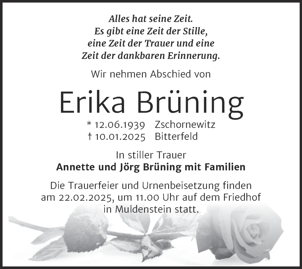  Traueranzeige für Erika Brüning vom 01.02.2025 aus Trauerkombi Bitterfeld