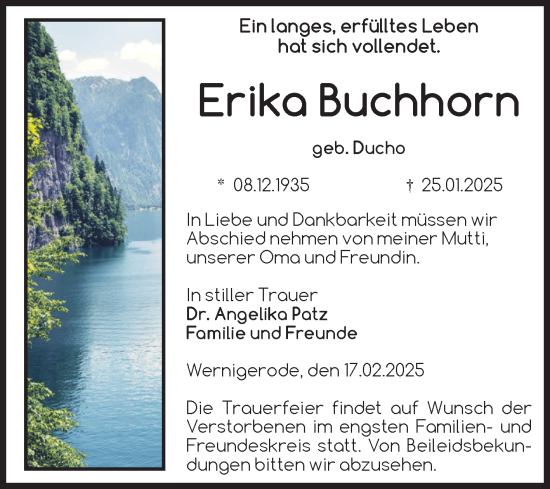 Traueranzeige von Erika Buchhorn von Volksstimme Wernigerode