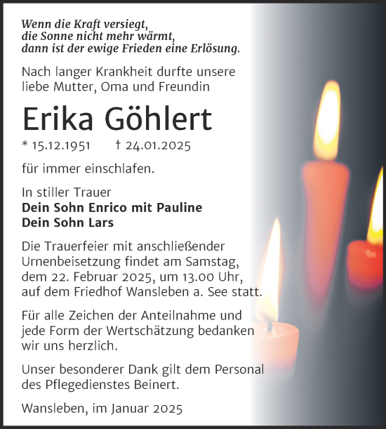 Traueranzeige von Erika Göhlert von Trauerkombi Mansfelder Land
