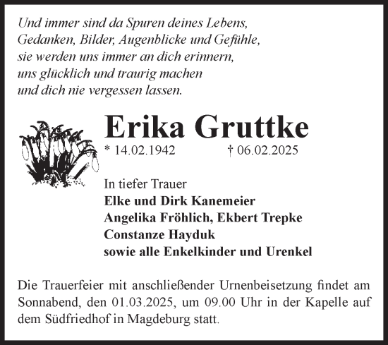 Traueranzeige von Erika Gruttke von Volksstimme Magdeburg