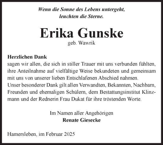 Traueranzeige von Erika Gunske von Volksstimme Oschersleben/Wanzleben