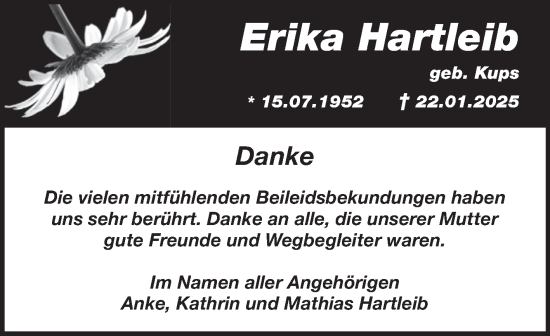 Traueranzeige von Erika Hartleib von Volksstimme Oschersleben/Wanzleben