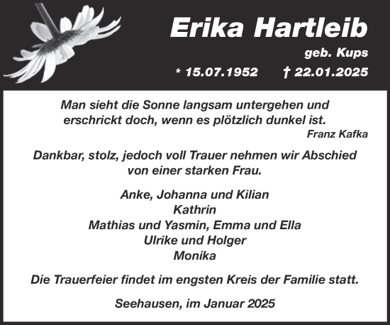 Traueranzeige von Erika Hartleib von Volksstimme Oschersleben/Wanzleben