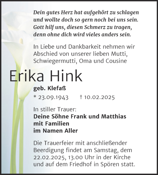Traueranzeige von Erika Hink von Trauerkombi Bitterfeld