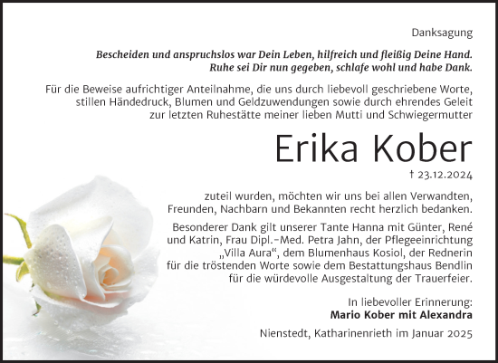 Traueranzeige von Erika Kober von Trauerkombi Sangerhausen