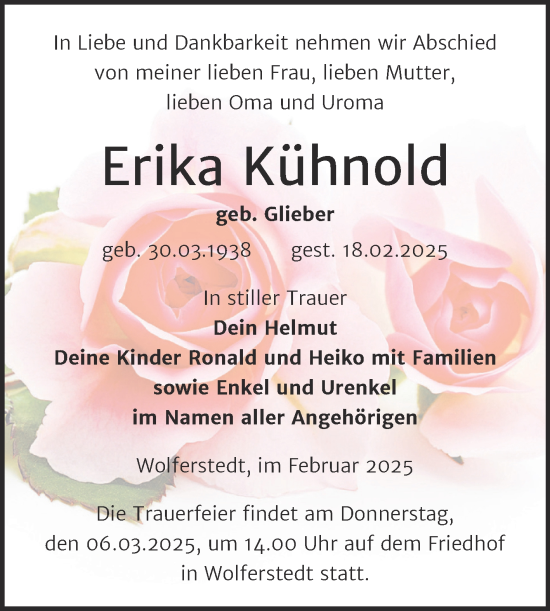Traueranzeige von Erika Kühnold von Trauerkombi Sangerhausen