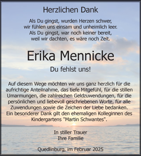 Traueranzeige von Erika Mennicke von Trauerkombi Quedlinburg