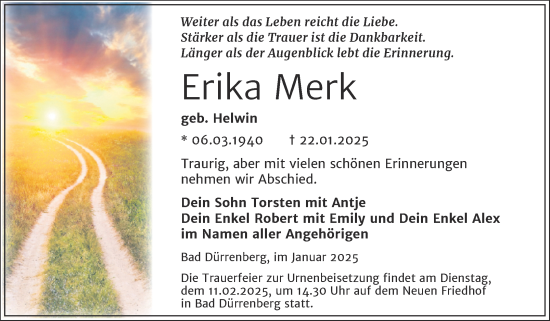 Traueranzeige von Erika Merk von Trauerkombi Merseburg