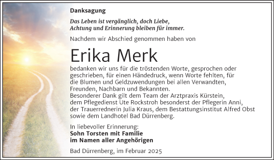 Traueranzeige von Erika Merk von Trauerkombi Merseburg