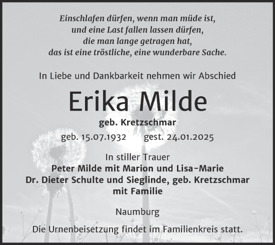 Traueranzeige von Erika Milde von Naumburger Tageblatt
