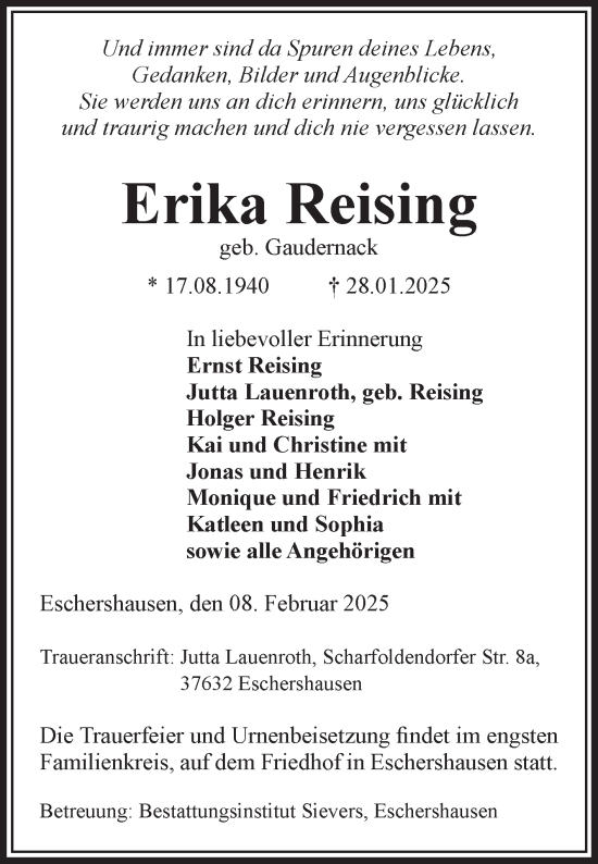Traueranzeige von Erika Reising von Volksstimme Altmark Ost