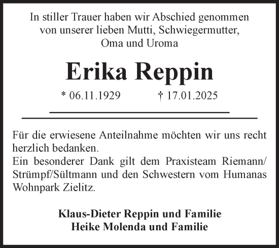 Traueranzeige von Erika Reppin von Volksstimme Haldensleben/Wolmirstedt