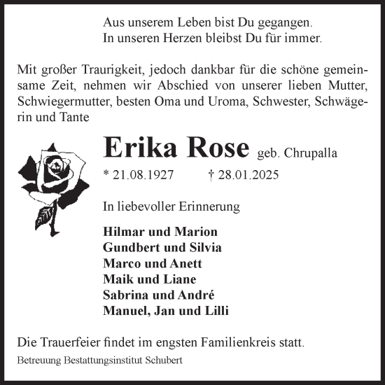 Traueranzeige von Erika Rose von Volksstimme Haldensleben/Wolmirstedt