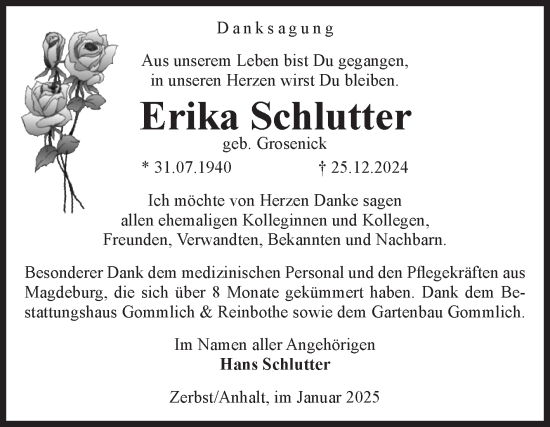Traueranzeige von Erika Schlutter von Volksstimme Zerbst