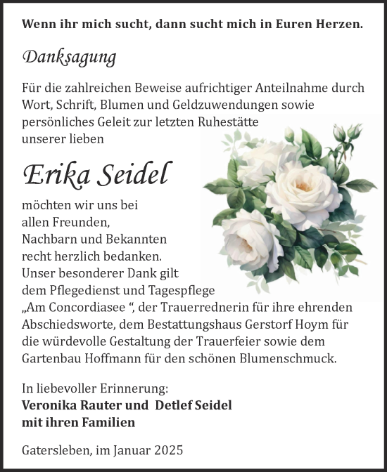 Traueranzeige von Erika Seidel von Trauerkombi Aschersleben