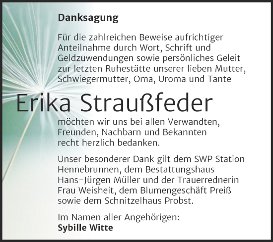 Traueranzeige von Erika Straußfeder von Trauerkombi Aschersleben