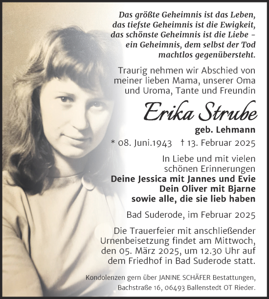 Traueranzeige von Erika Strube von Trauerkombi Quedlinburg