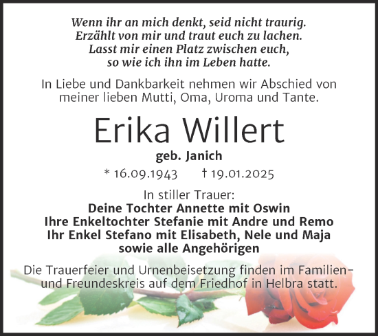 Traueranzeige von Erika Willert von Trauerkombi Mansfelder Land