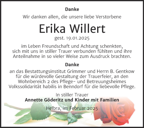 Traueranzeige von Erika Willert von Trauerkombi Mansfelder Land
