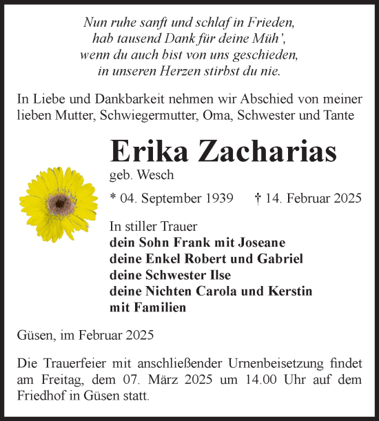 Traueranzeige von Erika Zacharias von Volksstimme Burg/Genthin