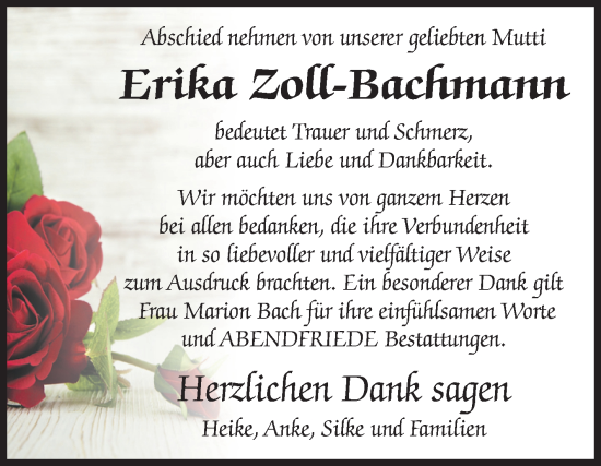 Traueranzeige von Erika Zoll-Bachmann von Volksstimme Magdeburg
