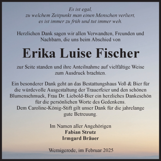 Traueranzeige von Erika Luise Fischer von Volksstimme Wernigerode