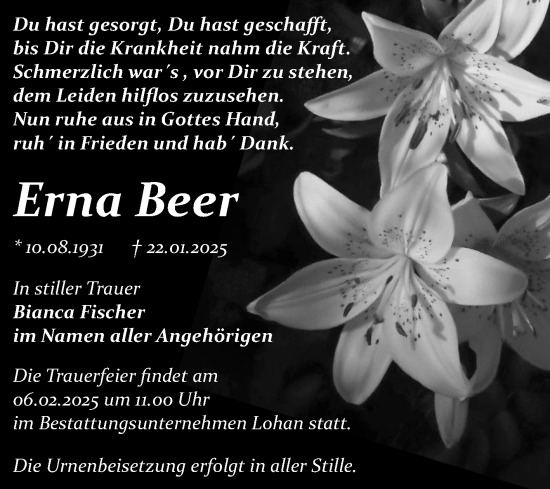 Traueranzeige von Erna Beer von Trauerkombi Bitterfeld