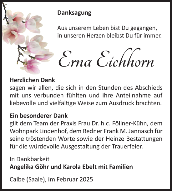 Traueranzeige von Erna Eichhorn von Volksstimme Schönebeck