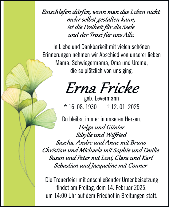 Traueranzeige von Erna Fricke von Trauerkombi Sangerhausen