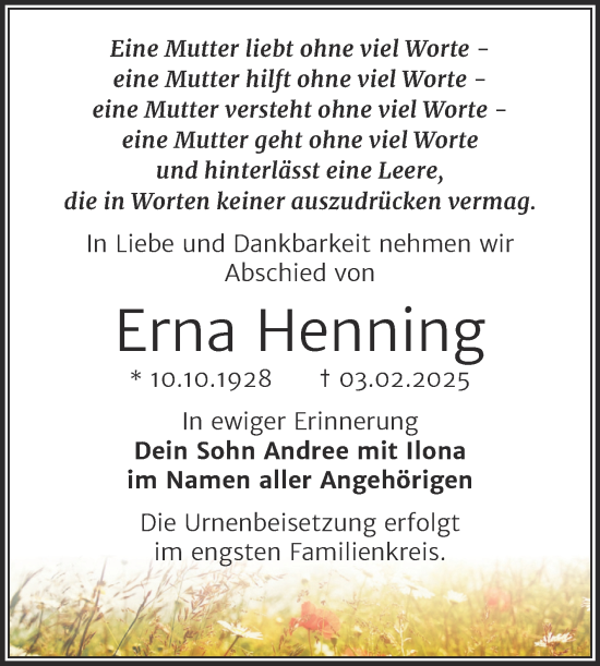 Traueranzeige von Erna Henning von Trauerkombi Wittenberg