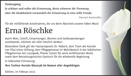 Traueranzeige von Erna Röschke von Trauerkombi Köthen