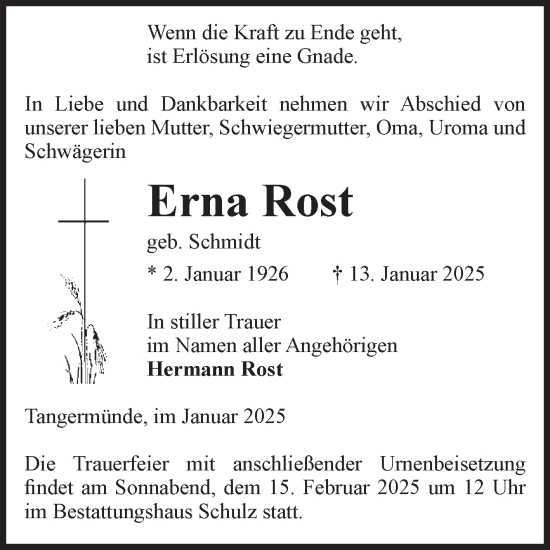 Traueranzeige von Erna Rost von Volksstimme Altmark Ost