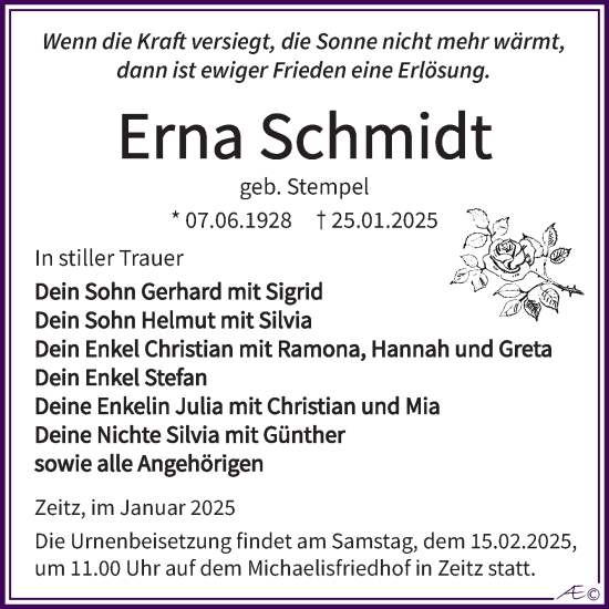 Traueranzeige von Erna Schmidt von Trauerkombi Zeitz