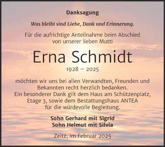 Traueranzeige von Erna Schmidt von Trauerkombi Zeitz