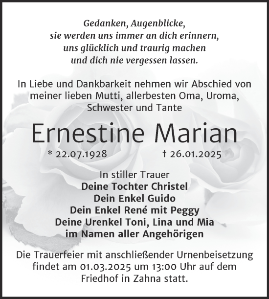 Traueranzeige von Ernestine Marian von Trauerkombi Wittenberg
