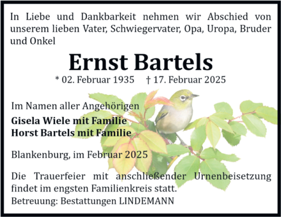 Traueranzeige von Ernst Bartels von Volksstimme Wernigerode