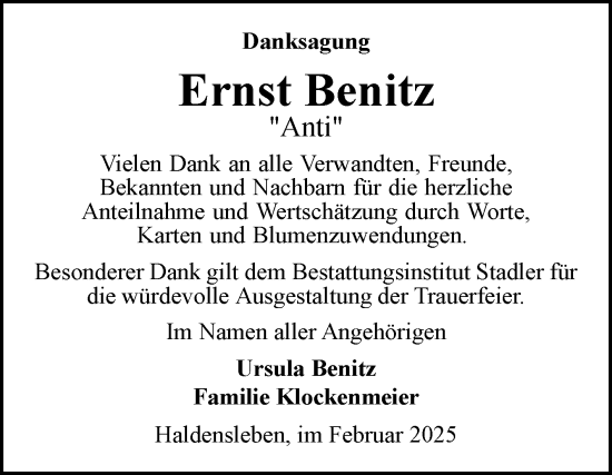Traueranzeige von Ernst Benitz von Volksstimme Haldensleben/Wolmirstedt