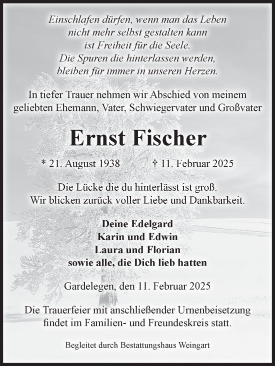 Traueranzeige von Ernst Fischer von Volksstimme Altmark West