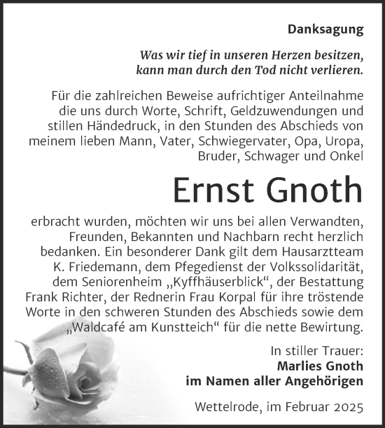 Traueranzeige von Ernst Gnoth von Trauerkombi Sangerhausen