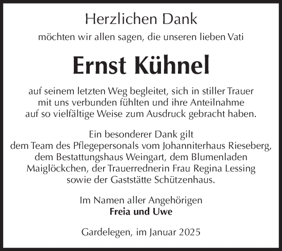 Traueranzeige von Ernst Kühnel von Volksstimme Altmark West
