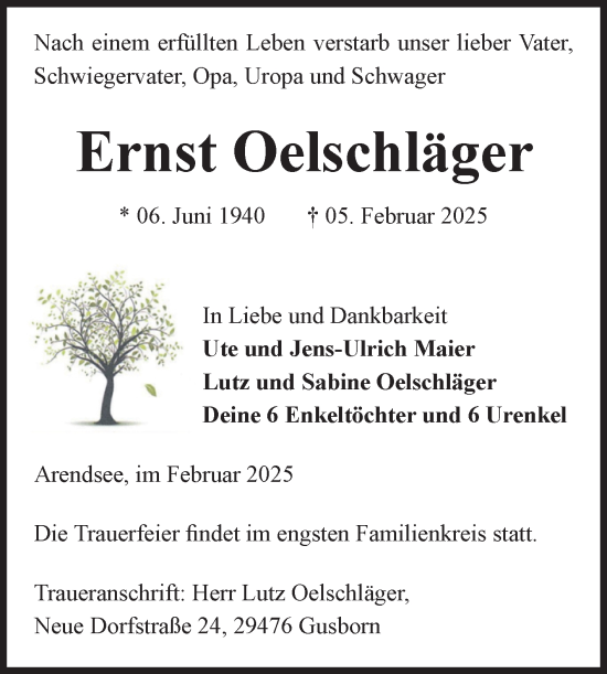 Traueranzeige von Ernst Oelschläger von Volksstimme Altmark West