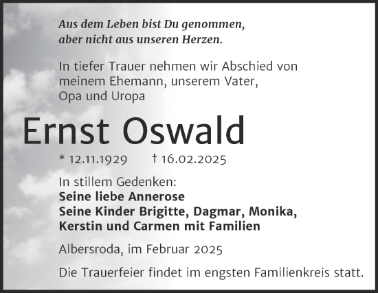Traueranzeige von Ernst Oswald von Trauerkombi Merseburg