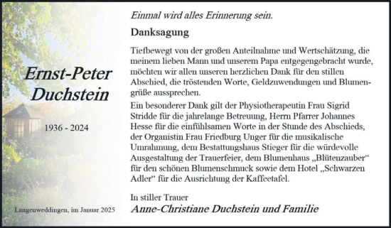 Traueranzeige von Ernst-Peter Duchstein von Volksstimme Oschersleben/Wanzleben