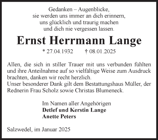 Traueranzeige von Ernst Herrmann Lange von Volksstimme Altmark West