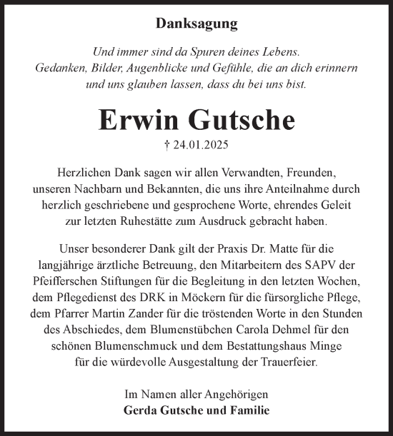 Traueranzeige von Erwin Gutsche von Volksstimme Burg/Genthin
