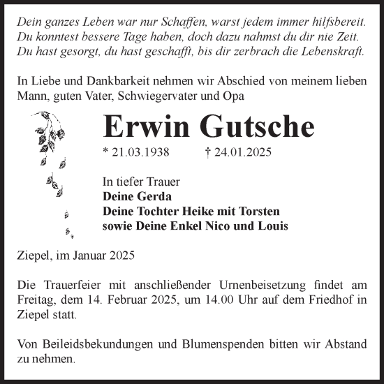Traueranzeige von Erwin Gutsche von Volksstimme Burg/Genthin