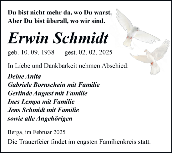 Traueranzeige von Erwin Schmidt von Trauerkombi Sangerhausen