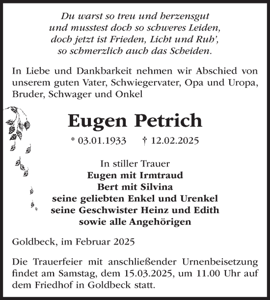 Traueranzeige von Eugen Petrich von Volksstimme Altmark Ost
