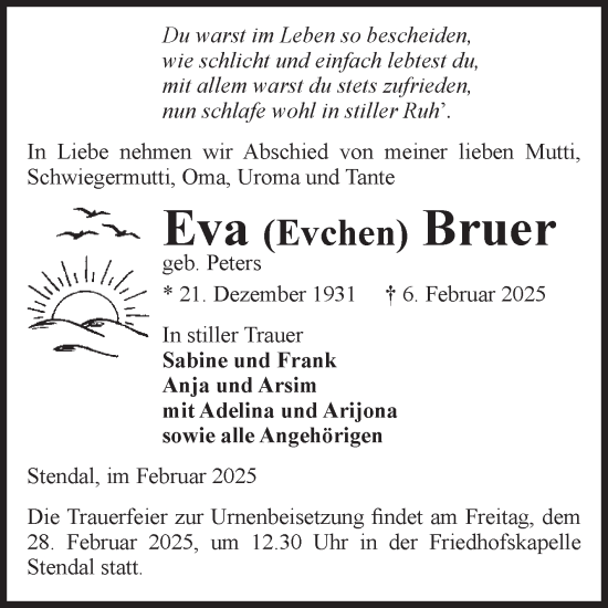 Traueranzeige von Eva  Bruer von Volksstimme Altmark Ost