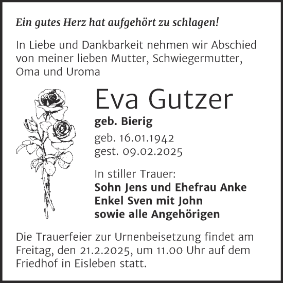 Traueranzeige von Eva Gutzer von Trauerkombi Mansfelder Land
